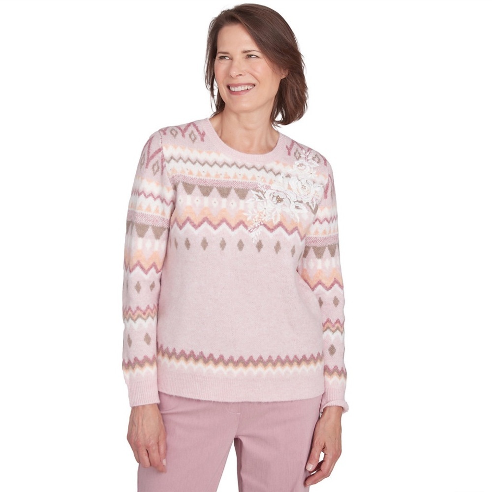 Alfred Dunner Plus Women's Floral Embroidered Fairisle Sweater NWT 2X